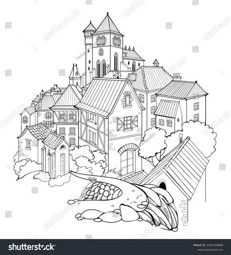 Illustration Ancient Medieval Village Fairyland Kingdom Stock Vector