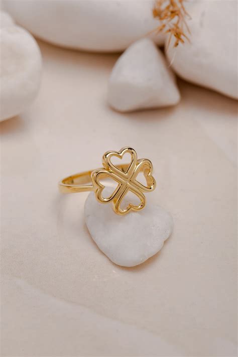 14K Gold Clover Ring, Four Leaf Charm Ring, Artisan-made Lucky Symbol ...