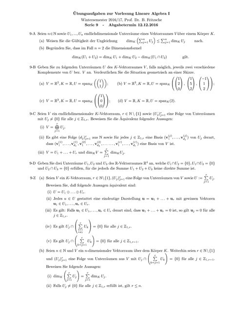 12 12 2016 Übungen Lineare Algebra I Ubungsaufgaben zur Vorlesung