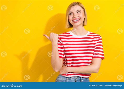 Portrait Of Satisfied Cute Girl With Bob Hairstyle Wear T Shirt Look