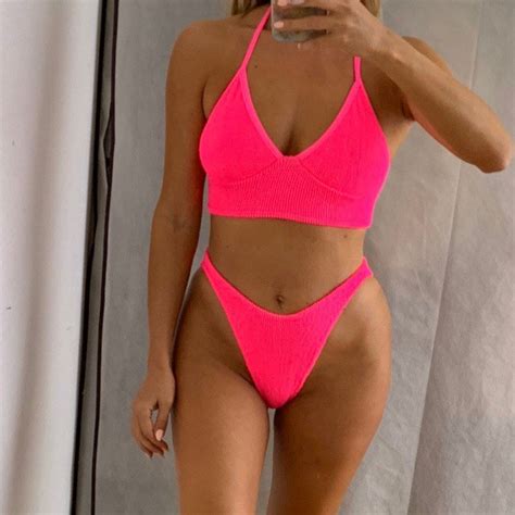 Halter Bralet Bikini In Neon Pink Crinkle 80 S 90 S Etsy