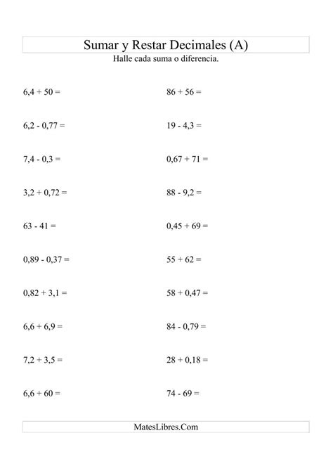 Sumar Y Restar Decimales Tabla De Multiplicar