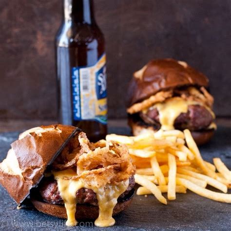 Beer Cheese Burgers With Crispy Onions Beer Cheese Food Easy