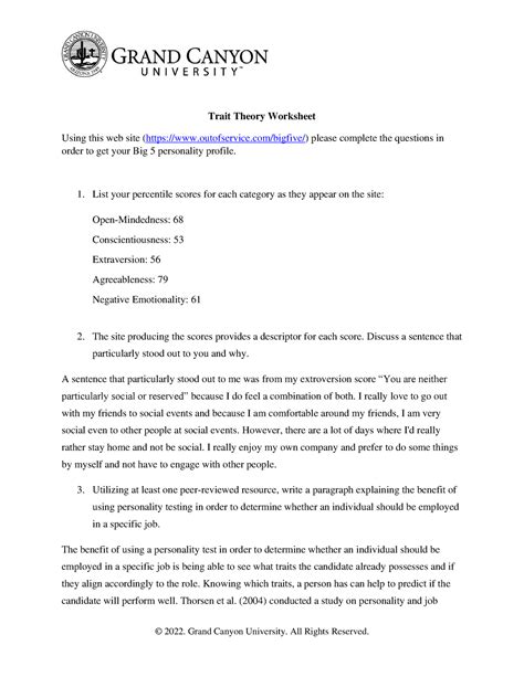 Trait Theory Worksheet Trait Theory Worksheet Using This Web Site