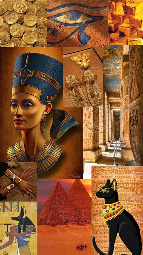 An Egyptian Collage With Gold Coins And Black Cat In Front Of The Pyramids