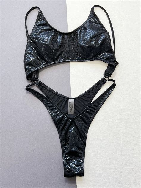 Dames Zwart Snake Print Metallic Badpak Uit N Stuk Holle Rugloze Bikini