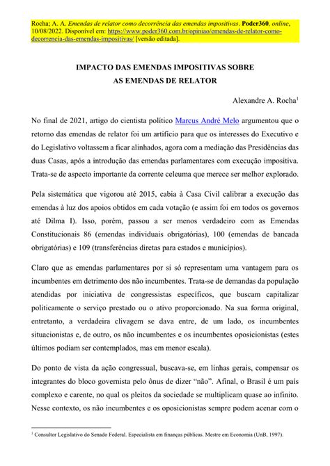 PDF Impacto Das Emendas Impositivas Sobre As Emendas De Relator