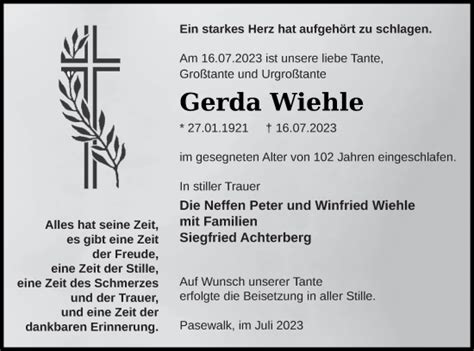 Traueranzeigen Von Gerda Wiehle Trauer Nordkurier