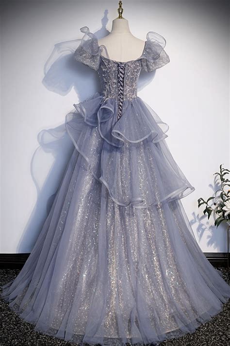 Grey Tulle Sequins Long Ball Gown A Line Evening Gown · Little Cute