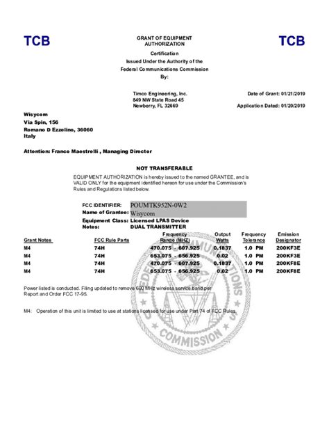 Fillable Online FCC OET TCB Form 731 Grant Of Equipment Authorization