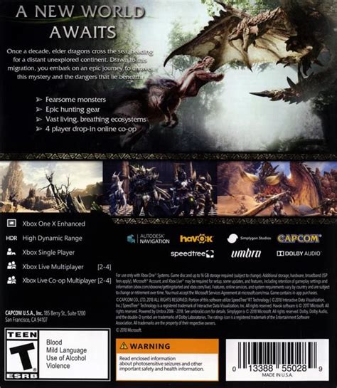 Monster Hunter World XB1 Xbox One Monster Hunter Monster Hunter