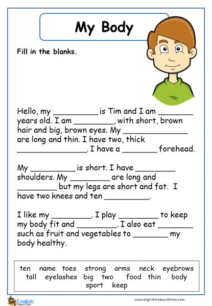 My Body English Cloze Worksheet English Treasure Trove