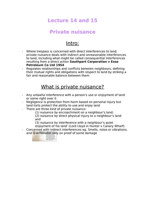 Tort Law Private Nuisance Lecture 14 And 15 Private Nuisance Intro