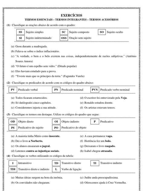 Exercicios Sintaxe - Exercícios de Sintaxe | PDF | Assunto (gramática) | Predicado (gramática)