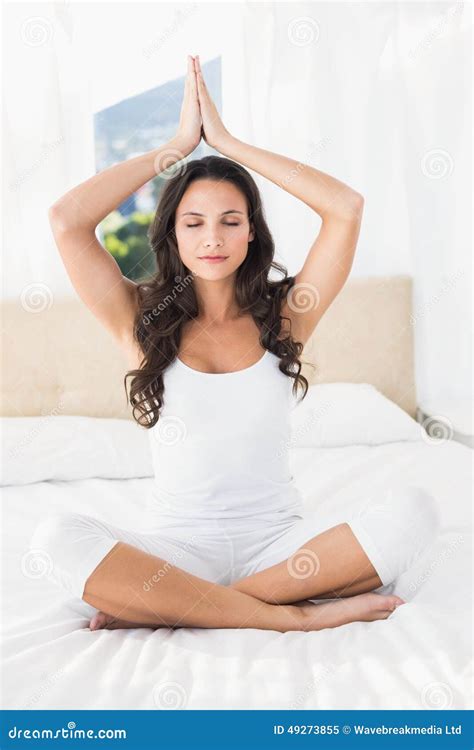 Calm Brunette Doing Yoga On Bed Stock Image Image Of Caucasian Abode