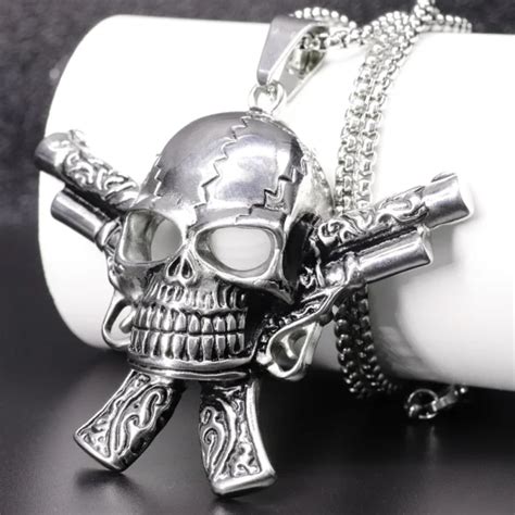 Dropship Gothic Mens Skull Head Guns Necklace Pendant Rock Biker