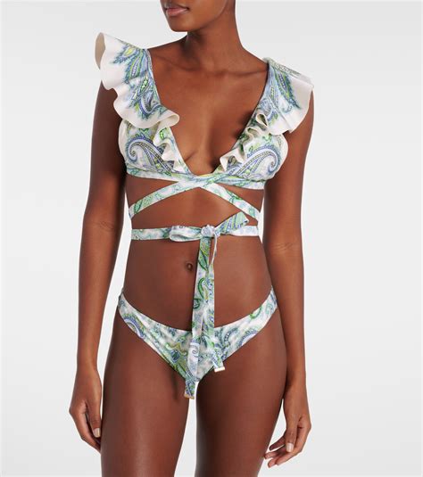 Ottie Ruffled Paisley Bikini In Green Zimmermann Mytheresa