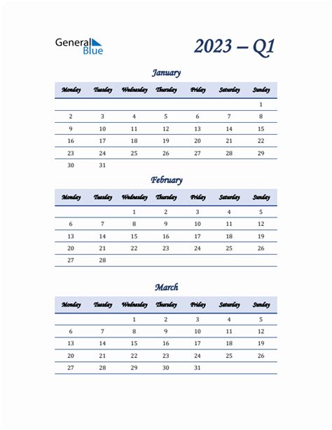 Quarterly Calendar For Quarter 1 2023 In PDF Word Excel