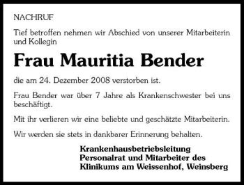 Traueranzeigen Von Bender Bender Trauerundgedenken De