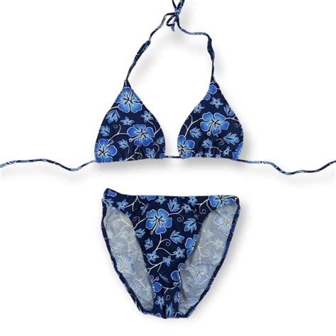 Y K Deadstock Blue Hibiscus String Triangle Bikini Two Piece Swimsuit Made In Australia Etsy
