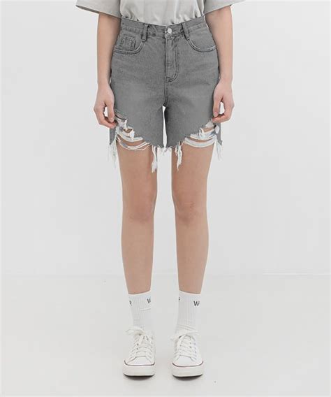 Musinsa Waar W Damage Part Denim Shorts Grey