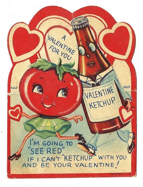 Anthropomorphic Tomato And Ketchup Bottle I Ll See Red Vintage Valentine Card Valentines