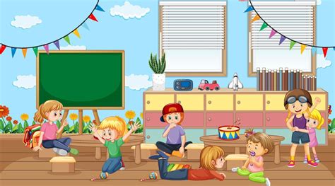 Scene of classroom with many kids playing 7208071 Vector Art at Vecteezy