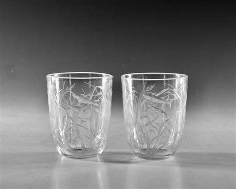 Antique Glass Tumbler Pair Engraved English C1880 In Antique Wine Glasses Carafes And Drinking