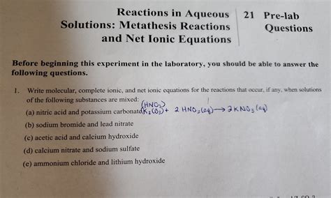 Solved Reactions In Aqueous 21 Pre Lab Solutions Metathesis