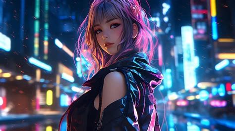 Premium AI Image | Anime Girl Neon Chronicles Cyberpunk Girls in the City