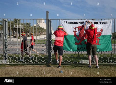 Wales Fans Attach Their Welsh Flag To Railings At The Corniche Walk