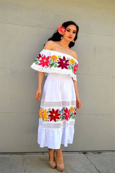 White Mexican Wedding Dress Multicolor Embroidered Off Shoulders Etsy