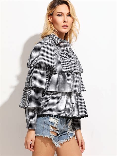 Gingham Layered Flounce Blouse Shein Sheinside