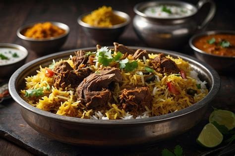 Premium Photo | Default Flavorful mutton biryani served with cooling raita