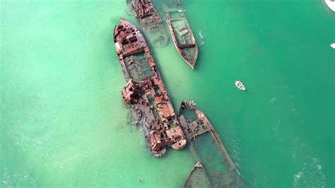 Aerial View Of Tangalooma Shipwrecks In Brisbane Australia In The