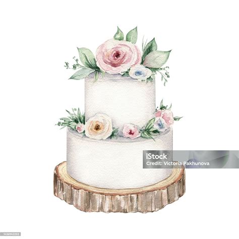 Watercolor Wedding Cake Illustration Isolated On White Background