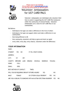 Fillable Online Pals Ucfcard Volunteer Ambassadors For Ucf Card Pals