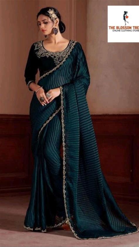 Accordion Pleated Georgette Saree In Green