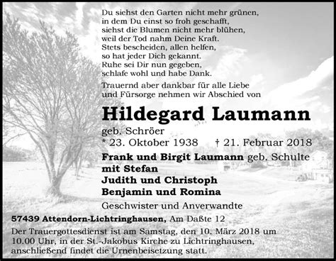 Traueranzeigen Von Hildegard Laumann Trauer In Nrw De