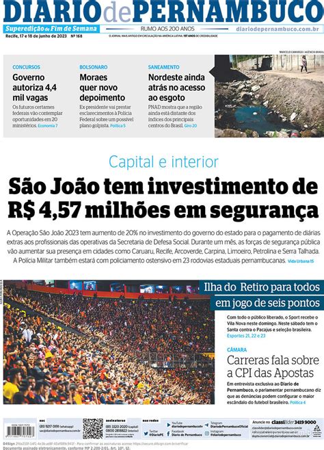 Capa Diario De Pernambuco Quinta De Maio De