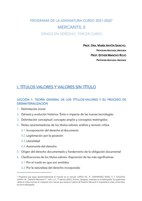 Programa Derecho Mercantil II PROGRAMA DE LA ASIGNATURA CURSO 2021