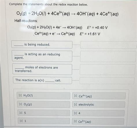 Solved Complete the statements about the redox reaction | Chegg.com 