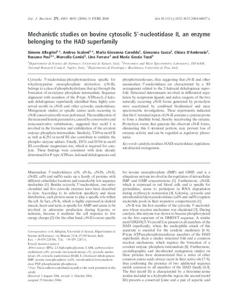 (PDF) Mechanistic studies on bovine cytosolic 5'-nucleotidase II, an enzyme belonging to the HAD ...