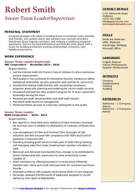 Senior Team Leader Resume Samples Qwikresume