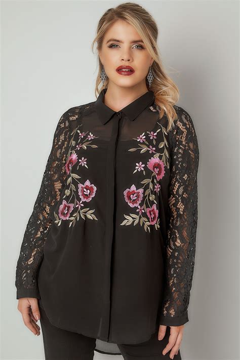 Yours London Black Floral Embroidered Shirt With Lace Sleeves Plus