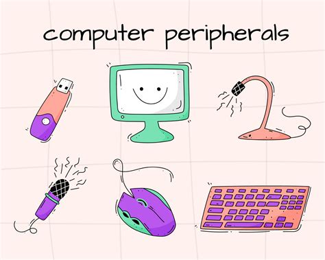 A set of illustrations of computer peripherals. Monitor, keyboard ...