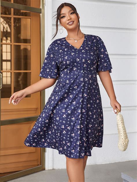 Plus Ditsy Floral Butterfly Sleeve A Line Dress SHEIN UK