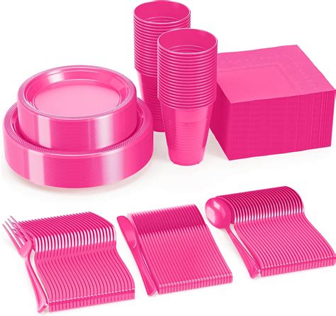 Amazon Durony Pieces Hot Pink Disposable Dinnerware Set