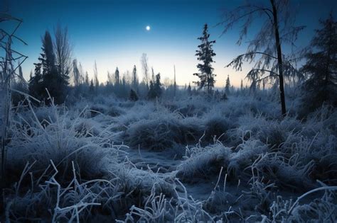 Paisagem do inverno árvores congeladas e lua no céu belo fundo da