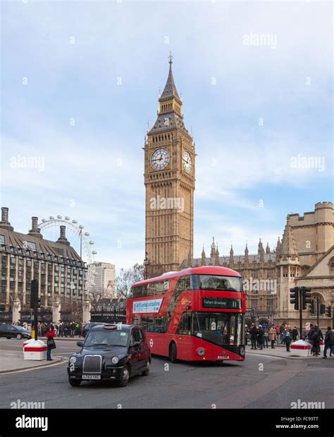 Red Double Deck Bus Black Cab Big Ben And London Eye In One Picture